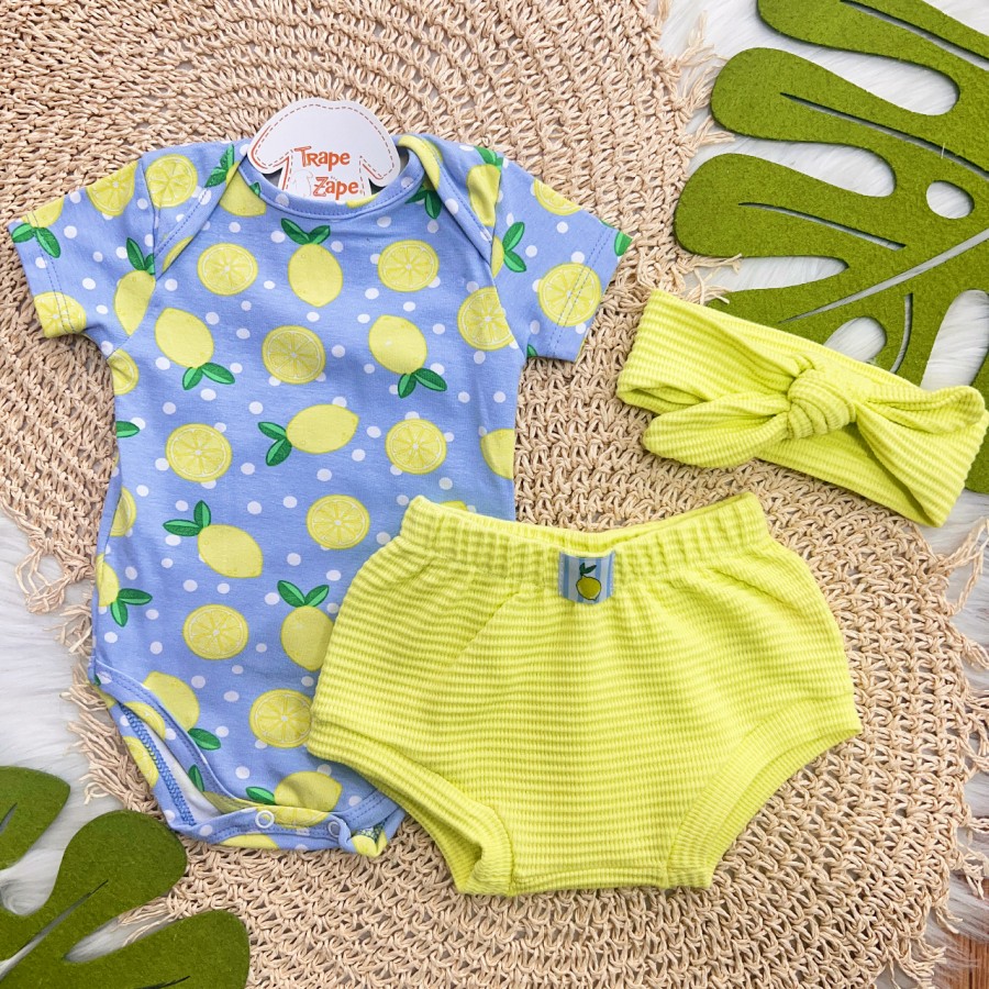 Conj. Body Limãozinho, Tapa Fralda e Faixa de Cabelo - Verde e Azul Jeans 